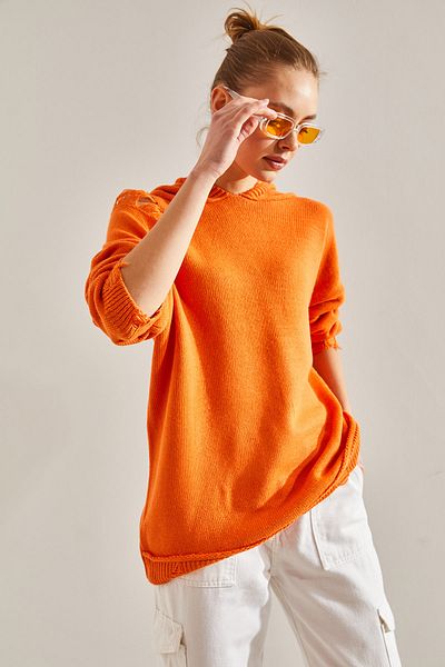 Bianco Lucci Women's Hooded Ripped Detailed Knitwear Sweater