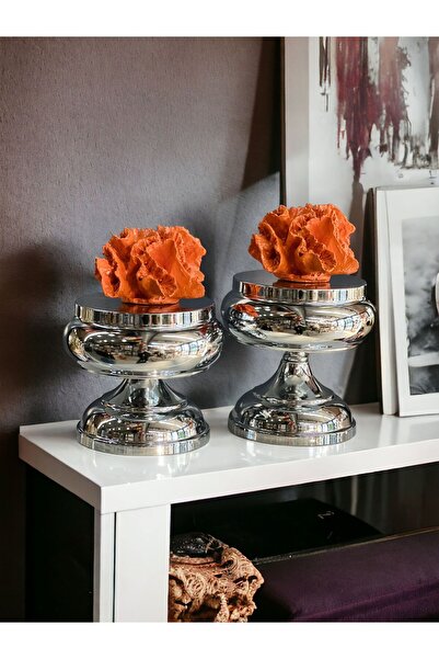 ArzzHome Dekoratif 2'li Mercan Ayaklı Kutu & Obje Gümüş / Turuncu