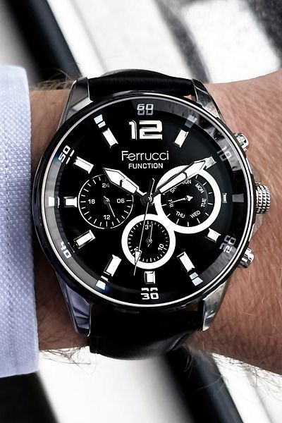 Ferrucci Function Men's Wristwatch 3 Atm Waterproof Black Color Leather Band + Gift Bracelet FRE2043C1