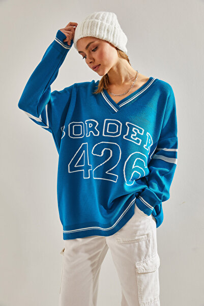 Bianco Lucci Pulover de damă cu decolteu în V cu text imprimat tricotaj supradimensionat