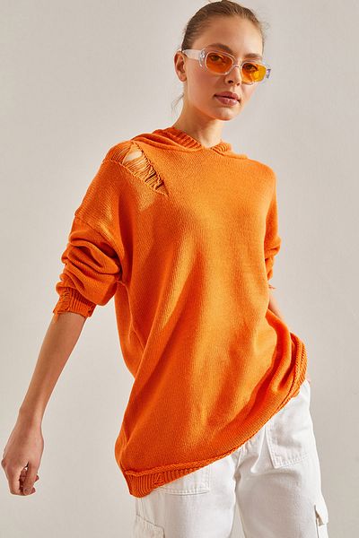 Bianco Lucci Women's Hooded Ripped Detailed Knitwear Sweater