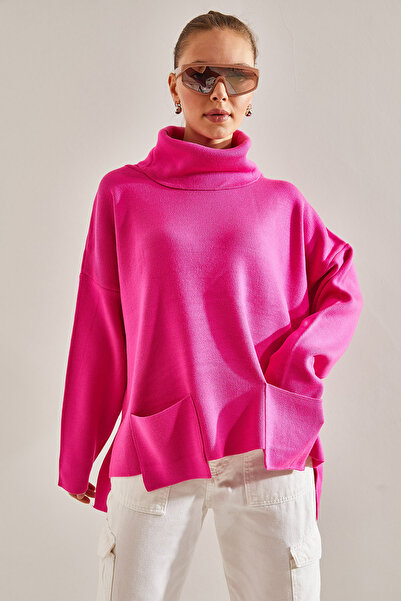 Bianco Lucci Women's Turtleneck Double Pocket Oversize Knitwear Sweater
