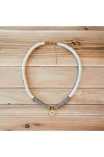 Stoneday Black and White Fimo Bead Gold Detailed Turtle Daisy Ghost Figured Necklace