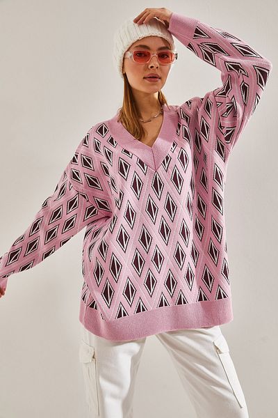 Bianco Lucci Women's V-Neck Patterned Knitwear Sweater