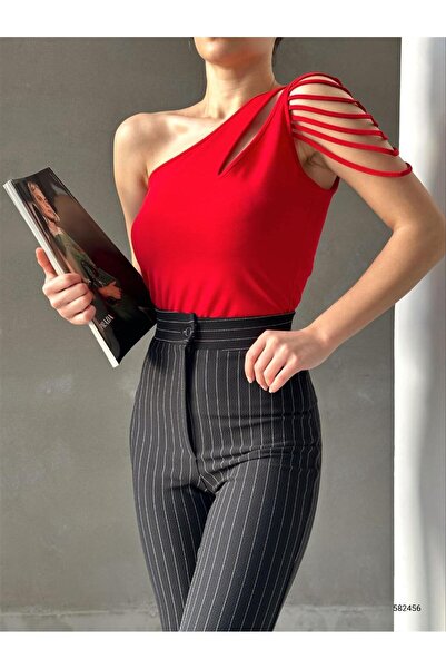 MODA DİNA Red Sleeve Detail Short Sleeve Blouse