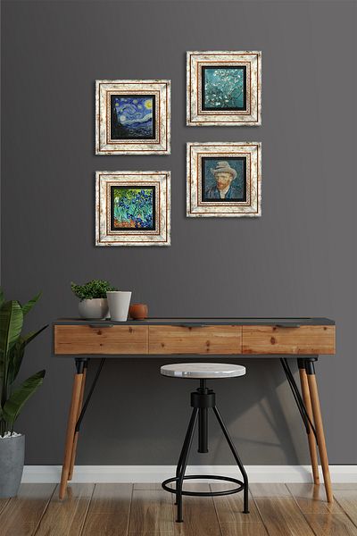 Pinecone Van Gogh Starry Night, Αμυγδαλένιο δέντρο, Άγριες ίριδες, Αυτοπροσωπογραφία Πέτρινος τοίχος Ζωγραφική Κορνίζα Διακόσμηση τοίχου
