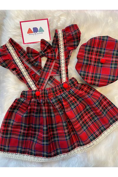 NA ADDESIGN Girl's Lace Red Plaid Dress Hat Buckle Set, Plaid Salopet Set