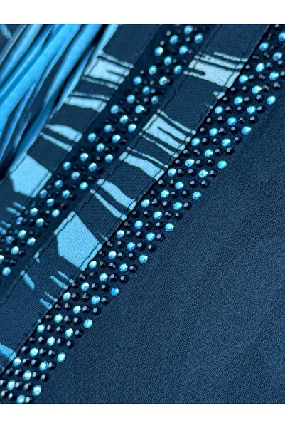 Yeşilmoda elbise abiye şifon taşli işlemeli mavi diz altı