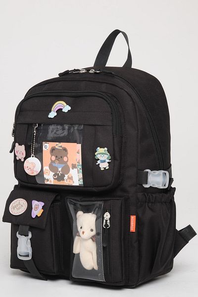 Roxbros Geantă de școală în stil coreean Kawaii cu accesorii Rucsac pentru fete și băieți NEGRU