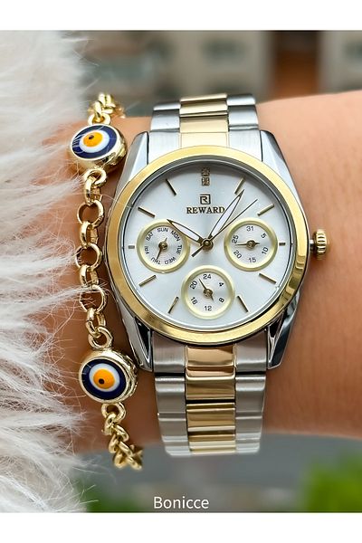 Reward Small Case, Steel Strap, Special Lock System, Gold Yellow Color Women's Wristwatch + Bracelet