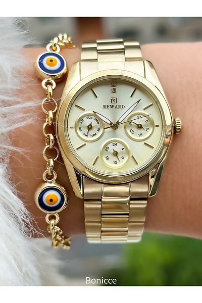 Reward Small Case, Steel Strap, Special Lock System, Gold Yellow Color Women's Wristwatch + Bracelet