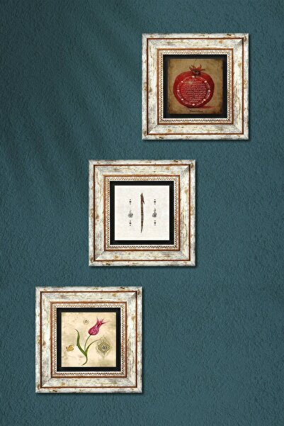 Pinecone Tulip Marbling Art, Elif, Prayer of Fertility Stone Wall Painting Framed Wall Decor 3 Piece Set Wall Art