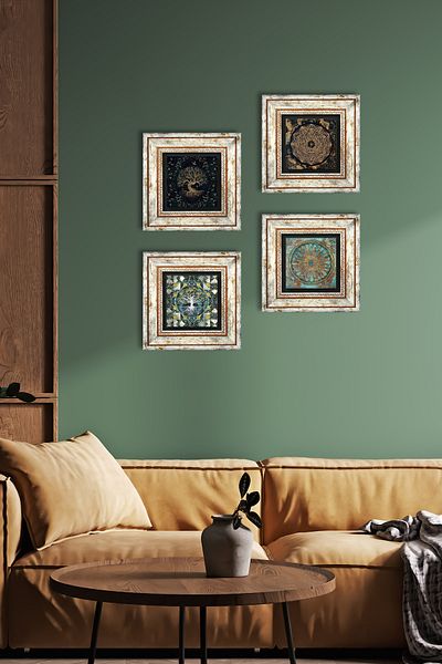 Pinecone Sri Yantra, Flower of Life, Tree of Life Stone Wall Painting Framed Wall Decor 4 Piece Set Tk4-727