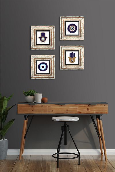 Pinecone Fatma Mother Hand (Hamsa), Nazar Stone Wall Painting Framed Wall Decor 4 Piece Painting Set Tk4-1064
