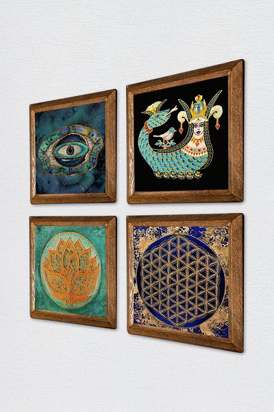 Pinecone Evil Eye, Lotus Flower, Flower of Life, Flower of Life, Shahmeran Stone Wall Painting Wood Framed Wall Decor W4-789