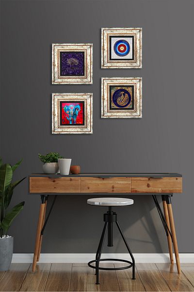 Pinecone Evil Eye, Tree of Life, Elephant, Peacock Stone Wall Painting Framed Wall Decor Set of 4 Painting Tk4-1158