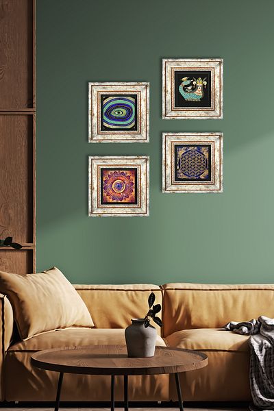 Pinecone Mandala, Evil Eye, Flower of Life, Shahmeran Stone Wall Painting Framed Wall Decor 4 Piece Set Tk4-779