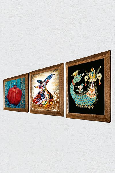 Pinecone Fertility Prayer, Shahmeran, Whirling Dervish Stone Wall Painting with Wooden Frame Wall Decor 3 Piece Painting Set