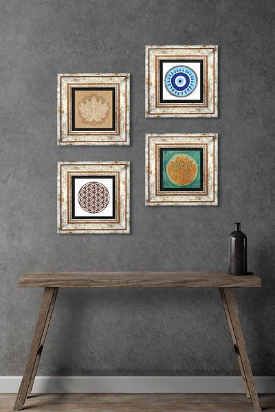 Pinecone Evil Eye, Lotus Flower, Flower of Life Stone Wall Painting Framed Wall Decor Set of 4 Painting Tk4-1001