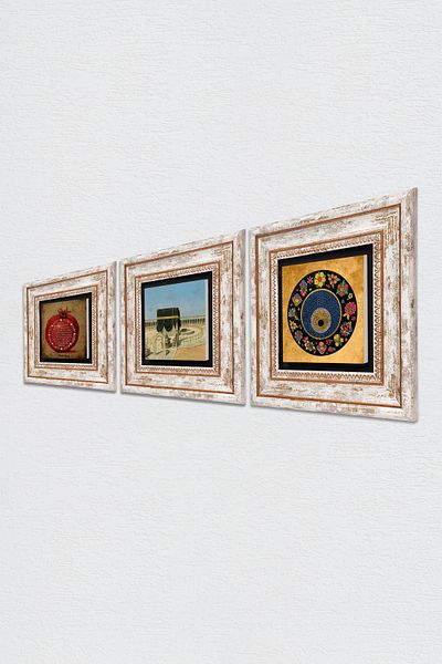 Pinecone Kaaba-I Muazzama, Evil Eye, Prayer for Fertility Stone Wall Painting Framed Wall Decor 3 Piece Set Wall Art