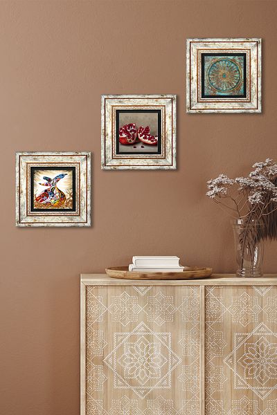 Pinecone Flower of Life, Whirling Dervish, Pomegranate Stone Wall Painting Framed Wall Decor 3 Piece Painting Set Tk3-878