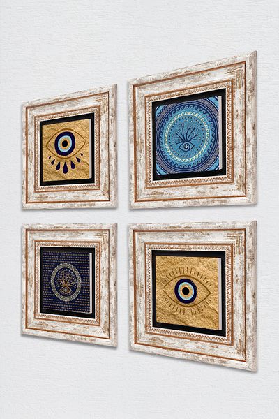Pinecone Evil Eye Stone Wall Painting Framed Wall Decor 4 Piece Painting Set Wall Art Tk4-1487
