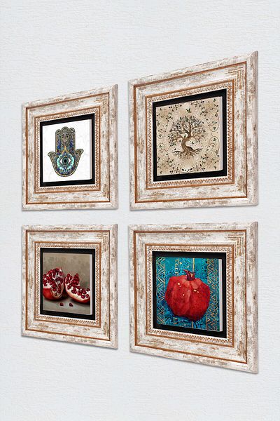 Pinecone Tree of Life, Pomegranate, Fatma Ana Eli (Hamsa) Stone Wall Painting Framed Wall Decor Set of 4 TK4-104