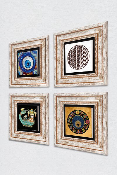Pinecone Flower of Life, Evil Eye, Shahmeran Stone Wall Painting Framed Wall Decor 4 Piece Painting Set Tk4-1216