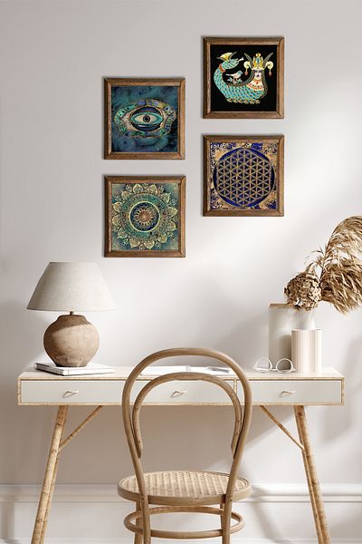 Pinecone Mandala, Evil Eye, Flower of Life, Shahmeran Stone Wall Painting with Wooden Frame Wall Decor Painting W4-781