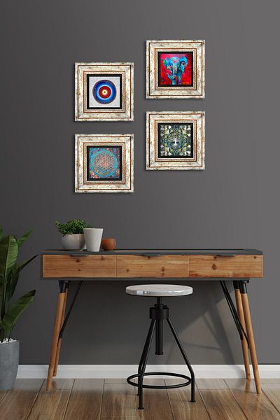 Pinecone Evil Eye, Tree of Life, Elephant, Flower of Life Stone Wall Painting Framed Wall Decor 4 Piece Set Tk4-892