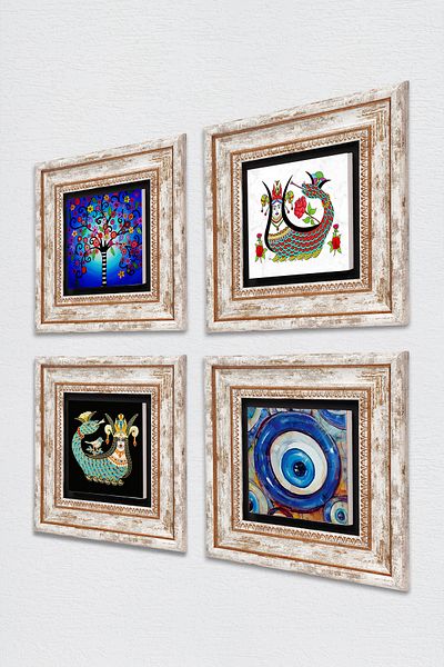 Pinecone Evil Eye, Tree of Life, Shahmeran Stone Wall Painting Framed Wall Decor 4 Piece Painting Set Tk4-1503