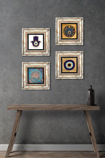 Pinecone Fatma Mother Hand (Hamsa), Flower of Life, Evil Eye Stone Wall Painting Framed Wall Decor Set of 4 Tk4-1831