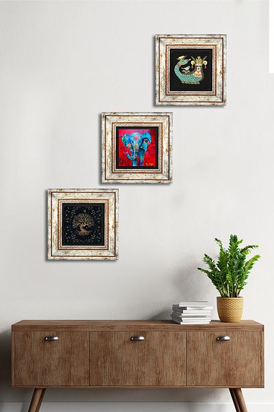 Pinecone Elephant, Tree of Life, Shahmeran Stone Wall Painting Framed Wall Decor 3 Piece Painting Set Tk3-158