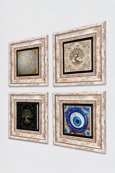 Pinecone Evil Eye, Sri Yantra, Tree of Life Stone Wall Painting Framed Wall Decor 4 Piece Table Set TK4-1563