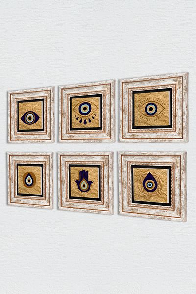 Pinecone Fatma Mother Hand (Hamsa), Evil Eye Stone Wall Painting Framed Wall Decor 6 Piece Painting Set Tk6-87