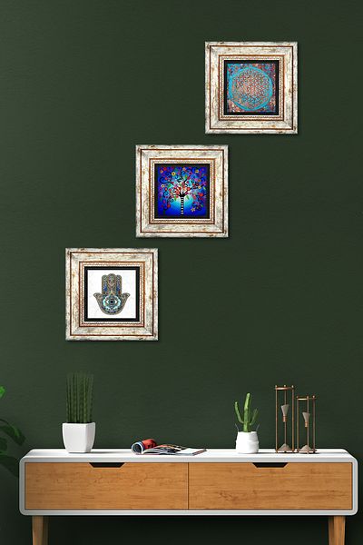 Pinecone Flower of Life, Tree of Life, Hand of Mother Fatma (Hamsa) Stone Wall Painting Framed Wall Decor Tk3-323