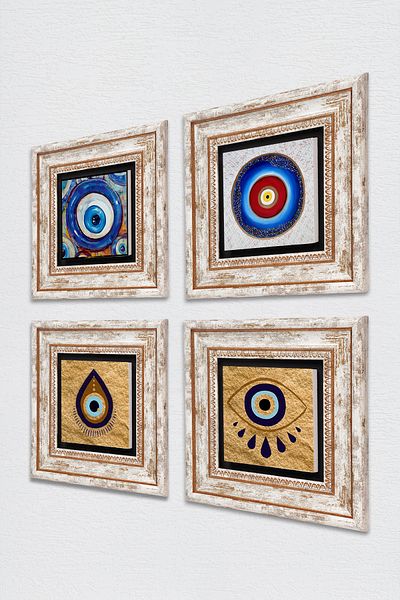 Pinecone Pictură pe perete cu piatră cu ochi rău Decor de perete înrămat Set de pictură din 4 piese Artă de perete TK4-1237