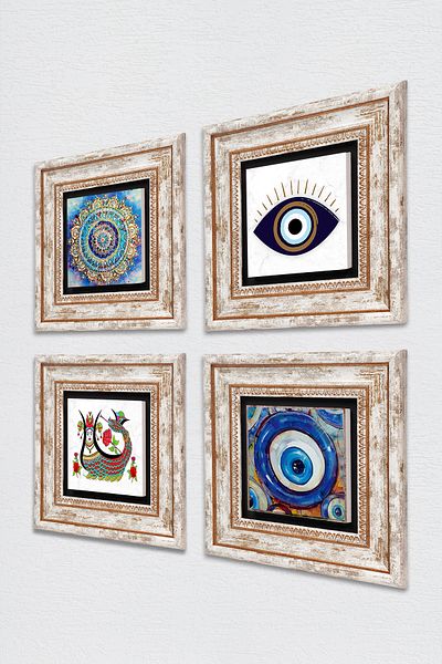 Pinecone Evil Eye, Mandala, Shahmeran Stone Wall Painting Framed Wall Decor 4 Piece Painting Set Tk4-1613