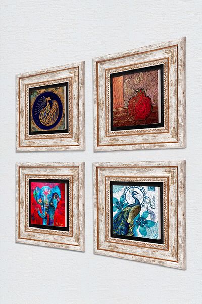 Pinecone Elephant, Peacock, Pomegranate Stone Wall Painting Framed Wall Decor 4 Piece Painting Set Wall Art Tk4-305