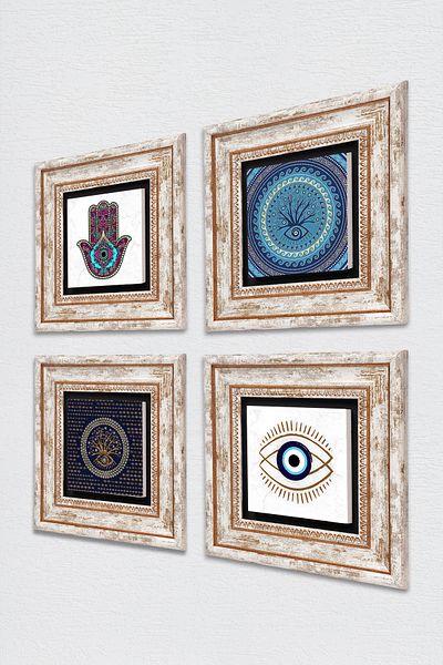 Pinecone Evil Eye, Fatma Mother Hand (Hamsa) Stone Wall Painting Framed Wall Decor 4 Piece Painting Set Tk4-1453