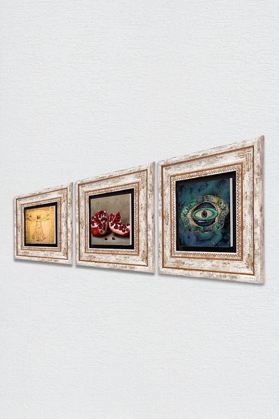 Pinecone Evil Eye, Da Vinci Vitruvian Man, Pomegranate Stone Wall Painting Framed Wall Decor Set of 3 Painting Tk3-1381