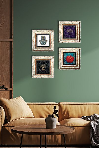 Pinecone Tree of Life, Pomegranate, Fatma Mother Hand (Hamsa) Stone Wall Painting Framed Wall Decor Set of 4 Tk4-1167