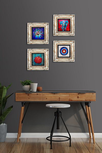 Pinecone Evil Eye, Elephant, Tree of Life, Pomegranate Stone Wall Painting Framed Wall Decor 4 Piece Painting Set Tk4-871