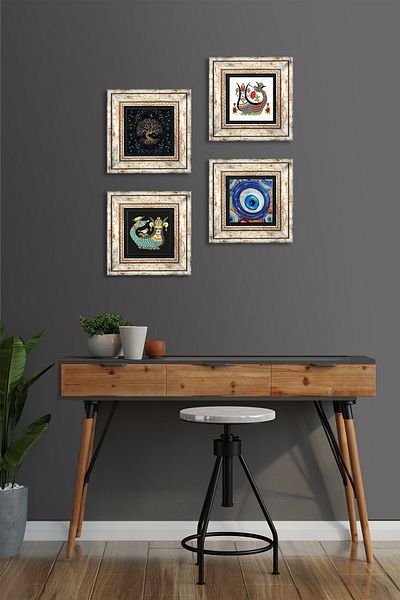 Pinecone Evil Eye, Tree of Life, Shahmeran Stone Wall Painting Framed Wall Decor 4 Piece Painting Set Tk4-1517