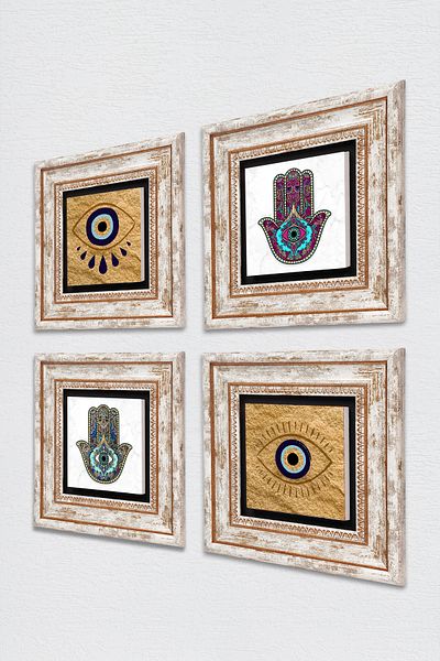 Pinecone Evil Eye, Fatma Mother Hand (Hamsa) Stone Wall Painting Framed Wall Decor 4 Piece Painting Set Tk4-1483