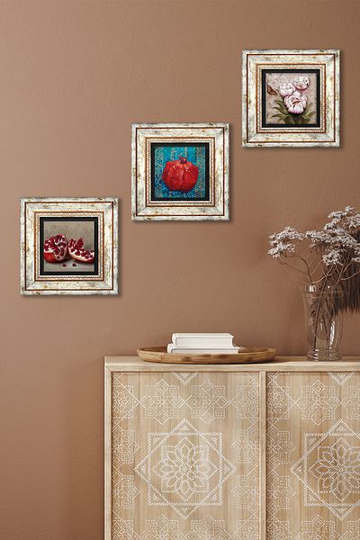 Pinecone Flower with Butterfly, Pomegranate Stone Wall Painting Framed Wall Decor 3 Piece Painting Set Wall Art Tk3-790