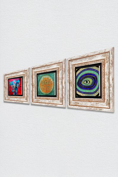 Pinecone Elephant, Evil Eye, Lotus Flower Stone Wall Painting Framed Wall Decor 3 Piece Table Set Wall Art TK3-188
