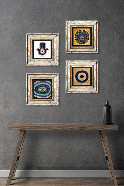 Pinecone Fatma Mother Hand (Hamsa), Nazar Stone Wall Painting Framed Wall Decor 4 Piece Painting Set Tk4-1835