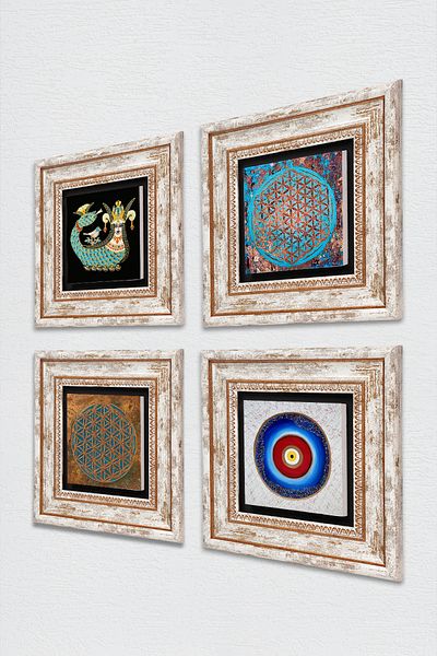 Pinecone Evil Eye, Flower of Life, Shahmeran Stone Wall Painting Framed Wall Decor 4 Piece Table Set TK4-493