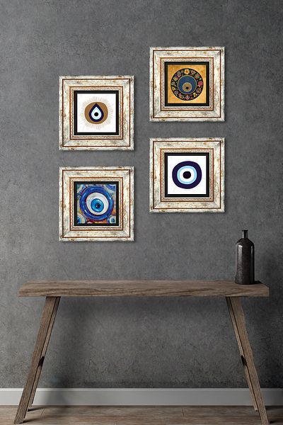 Pinecone Evil Eye Stone Wall Painting Framed Wall Decor 4 Piece Painting Set Wall Art Tk4-1861